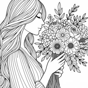 Раскраска Женщина с букетом цветов