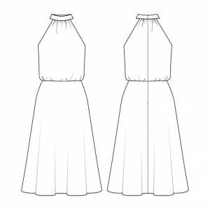 Модный технический рисунок платья без рукавов с воротником-стойкой