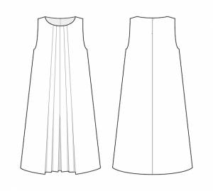 Модный технический рисунок платья а-силуэта без рукавов со складками