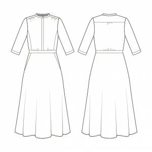 Модный технический рисунок платья миди с воротником-стойкой