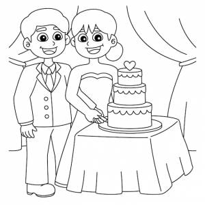 Раскраска жених и невеста на свадьбе режут торт