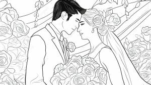 на этой раскраске изображены жених и невеста в день свадьбы, свадебная раскраска, свадьба, цветной фон картинки и Фото для й загрузки