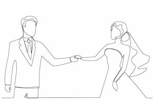 Красивая невеста и жених держатся за руки на свадьбе свадебный рисунок одной линии