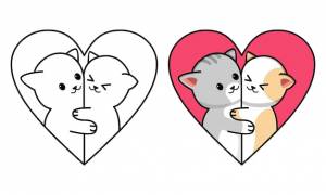 Раскраска влюбленная пара котов сердце для детей
