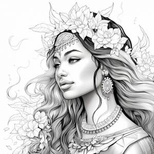 книги-раскраски для взрослых индийская женщина профиль сбоку глаза открытые волосы опущены