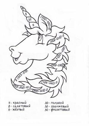 Раскраски с примерами на сложение и вычитание, единорог