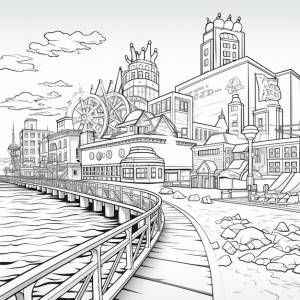 Раскраски города с мостом и рекой, генеративный ии