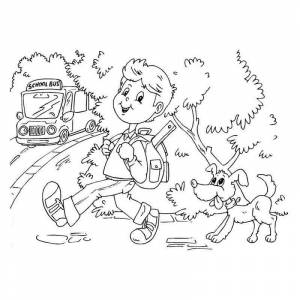 Раскраска Мальчик и собака идут в школу