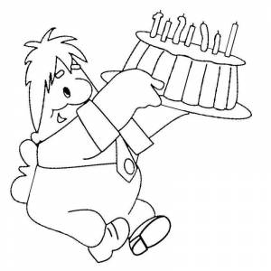 Раскраска Карлсон с тортом на день рождении