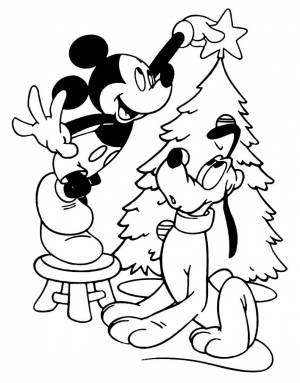 Раскраска «Микки Маус и Плуто наряжают ёлку»