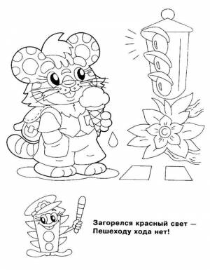 Раскраски Раскраска Тигр идет по дороге светофор