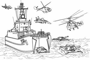 Военный корабль на воде океан вертолеты водные танки Раскраски для мальчиков