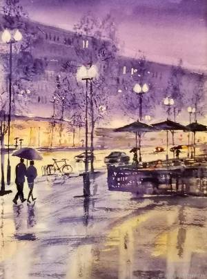 Акварельная картина Дождь, зонты и фонари