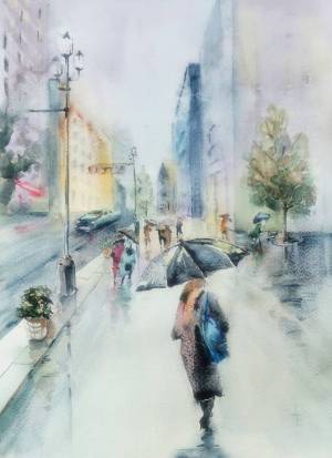 Картина «Дождь в городе» Бумага, Акварель 2022 г