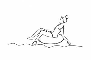 Женщина сидит на спасательном круге плавание на пляже однострочным рисунком