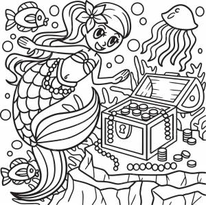 рисунок раскраска русалка с сундуком сокровищами фэнтези плавание вектор PNG , книжный рисунок, русалка рисунок, плавание рисунок PNG картинки и пнг рисунок для й загрузки