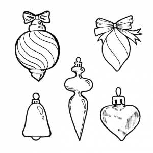 Набор елочных игрушек, иллюстрация в стиле каракулей, книжка-раскраска, символы, наклейка
