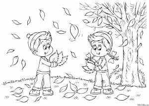 Раскраски Раскраска Дети собирают листья осень, Download print coloring page