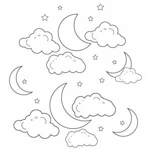 Луна, звезды и облака линии искусства рисунок стиль контура, детский рисунок для детской раскраски страницы вектор