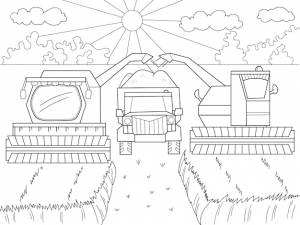 Мультяшная раскраска для детей осенняя уборка пшеницы сельскохозяйственная техника комбайн и камаз