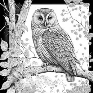 Раскраска сова на ветке дерева черно-белая для раскраски