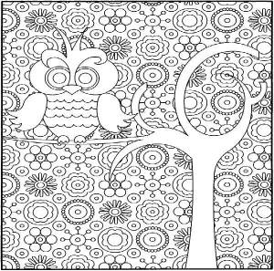 Раскраски Раскраска Сова на ветке дерева Сложный дизайн