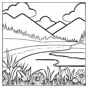 Хорошая горная река и пейзаж неба, раскрашивающий книжную векторную иллюстрацию