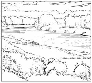 Книжка-раскраска прекрасный пейзаж реки и деревья векторный фон линии искусства
