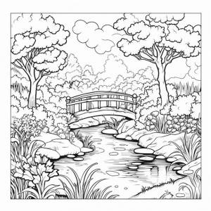 Раскраска с мостом через реку и деревьями, генеративный ии