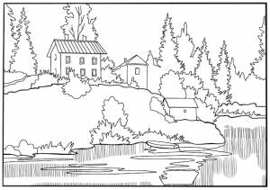 Дома среди деревьев стоят на берегу реки книжка-раскраска