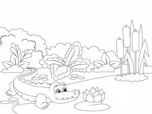 Крокодил на берегу реки мультфильм животных окраска страницы наброски мультфильма вектор