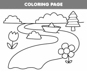 Образовательная игра для детей раскраски милой мультяшной сцены на берегу реки с изображением цветов и деревьев