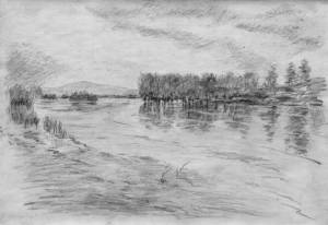 Река Агидель, рисунок реки Белой, весенний пейзаж карандашом