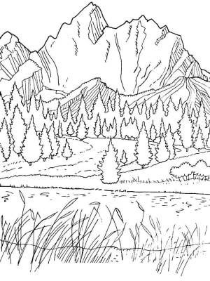 Раскраски Раскраска Речка и лес у подножья гор Природа