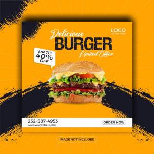 Шаблон баннера социальных медиа вкусный гамбургер и меню еды