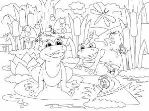 Две забавные лягушки в болоте природа лесные насекомые мультфильм животных раскраска контур мультфильма