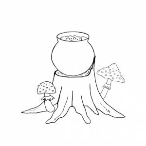 Деревянный пень с грибами и ведьминым котлом ручная рисованная векторная иллюстрация для раскраски