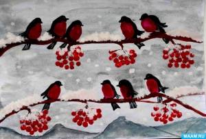 Мастер-класс по рисованию пальцами и печатью основанием карандаша «Снегири на ветке рябины»