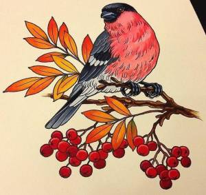 Рябина и птицы рисунок