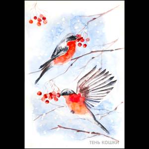 Снегири на ветке рябины