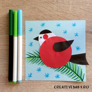 Аппликация Снегирь на ветке с шаблоном для печати