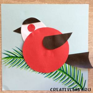 Аппликация Снегирь на ветке с шаблоном для печати