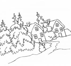 Раскраска зимний лес снеговик и дома