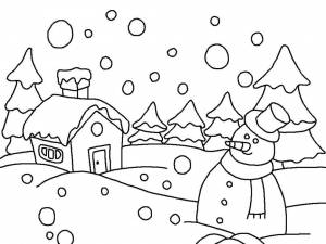 Раскраски Раскраска Снеговик в лесу раскраски зима, Download print coloring page