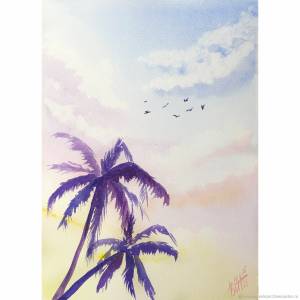 Картина пальмы и ванильное небо Пейзаж акварелью в интернет-магазине Ярмарка Мастеров по цене 340 ₽