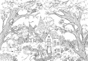 Иллюстрация Раскраска amp;Лесamp; в стиле 2d, компьютерная