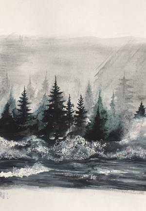 Рисунок леса акварелью