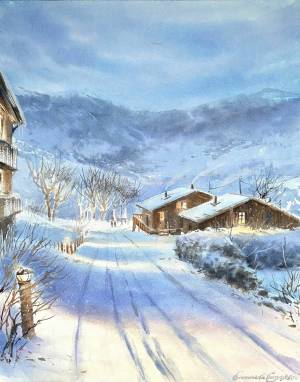 Картина акварелью  Зима в горах