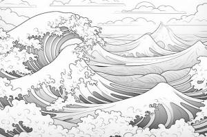 Черно-белая книжка-раскраска для детей, милые океанские волны и скалы