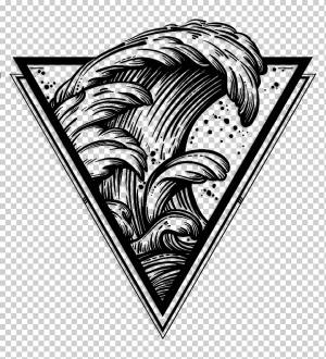 черная волна логотип, большая волна от канагава рисунок линия волны ветра искусство, тату рука, сердце, монохромный, наклейка png